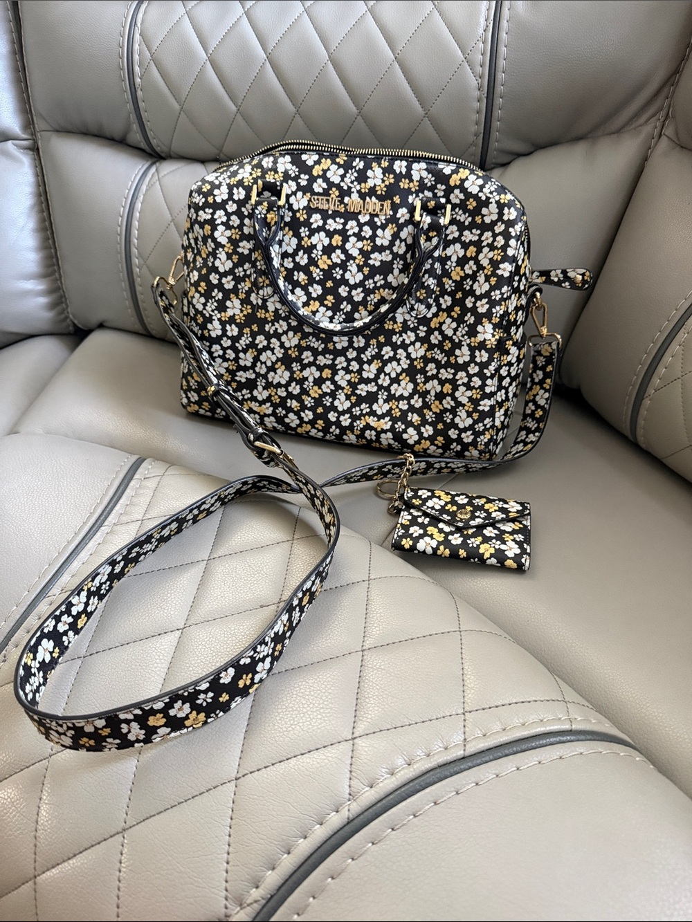 Steve Madden Black Floral Dome Satchel with White and Yellow Flowers